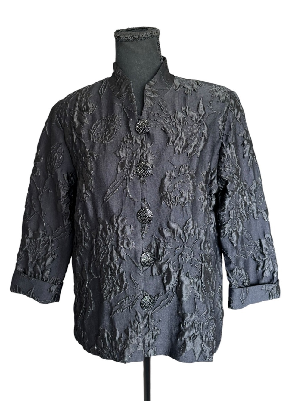 Caroline Rose Black Textured Floral Jacquard Jacket Blazer XS Evening Cocktail